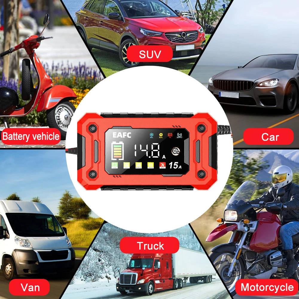 Batterieladegerät 12V – 15A, LCD & Puls