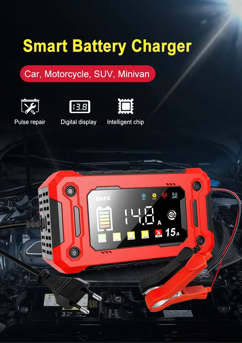 Batterieladegerät 12V – 15A, LCD & Puls