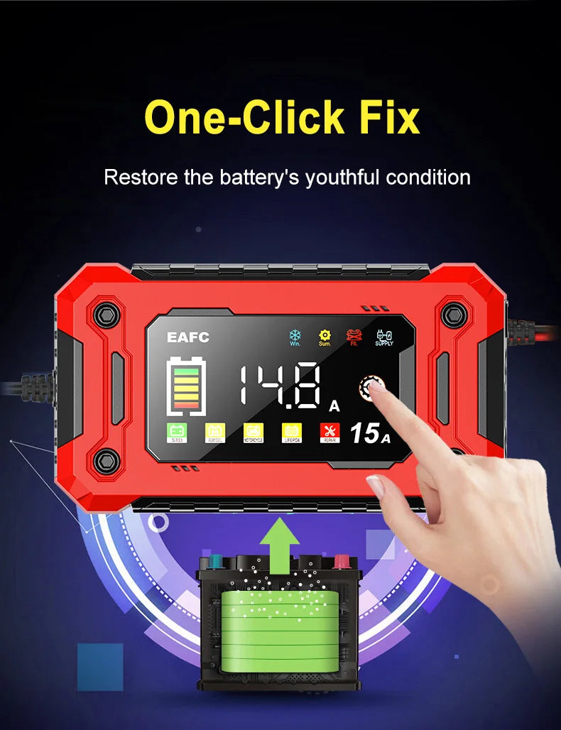 Batterieladegerät 12V – 15A, LCD & Puls