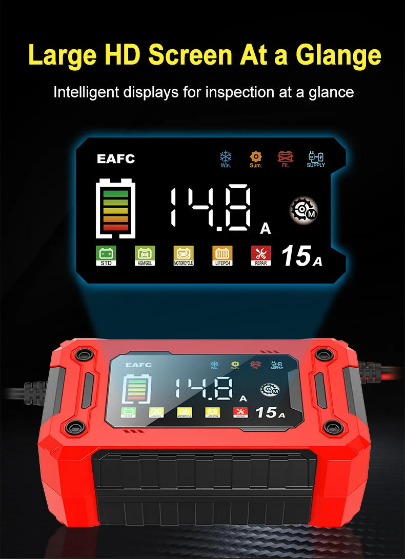 Batterieladegerät 12V – 15A, LCD & Puls