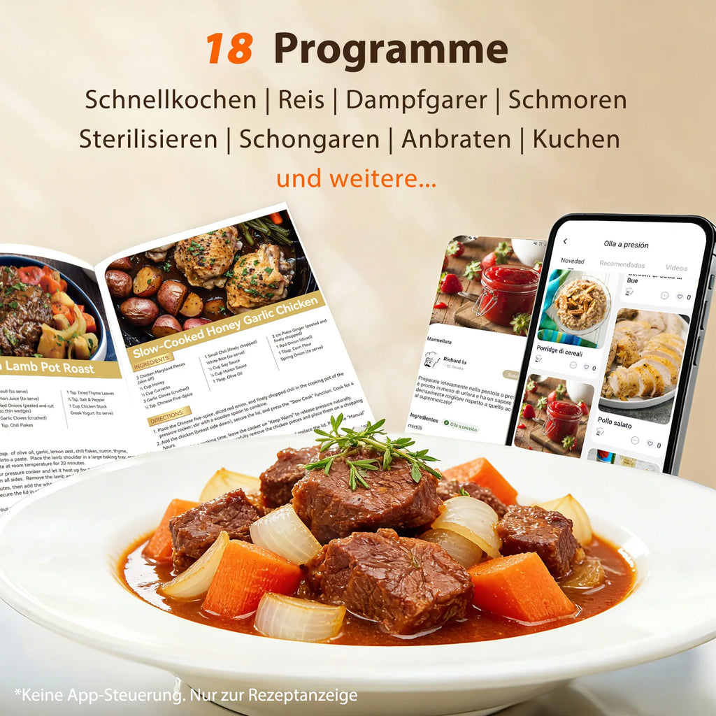 Aigostar 6L Schnellkochtopf 18-in-1 – 1000W Multikocher mit 3 Druckstufen, 24h Timer & Farbrezeptbuch