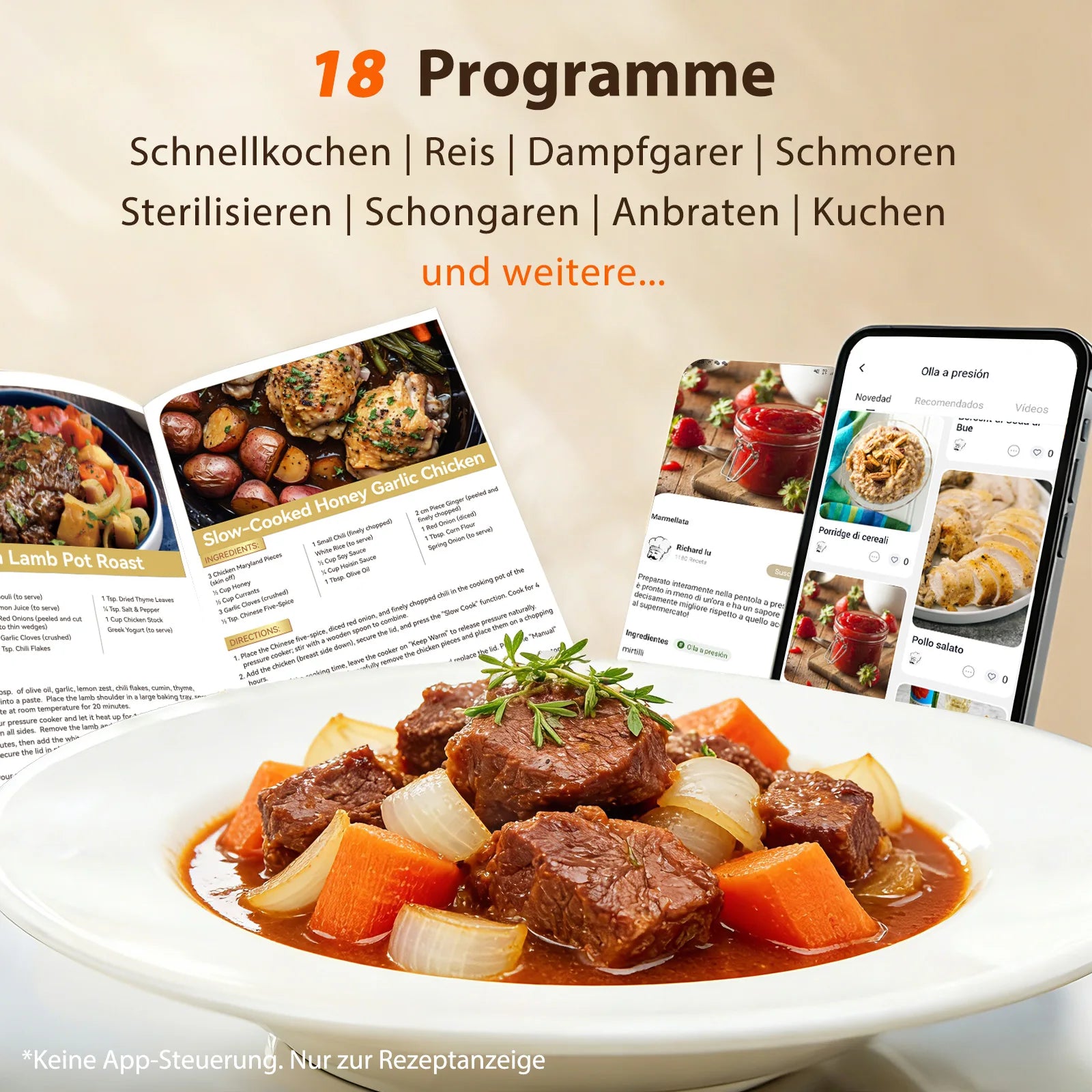 Aigostar 6L Schnellkochtopf 18-in-1 – 1000W Multikocher mit 3 Druckstufen, 24h Timer & Farbrezeptbuch