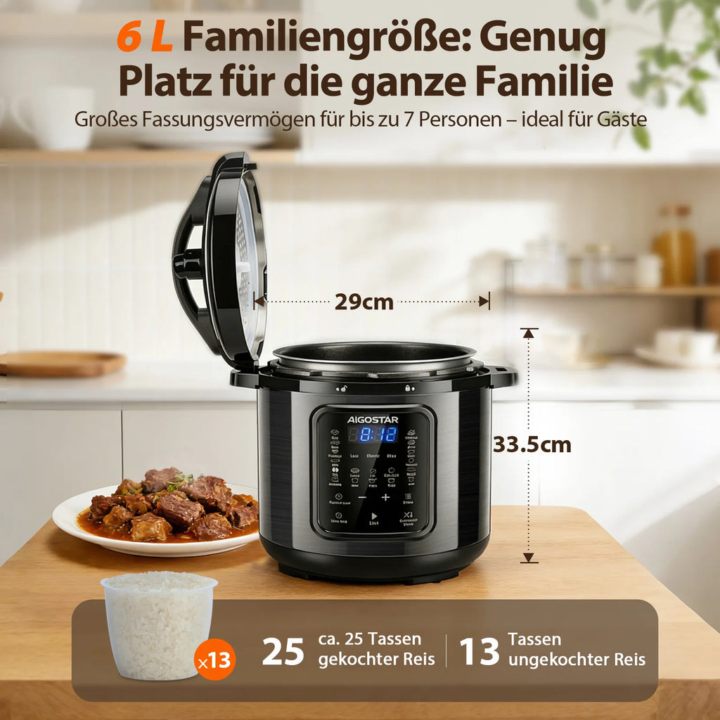Aigostar 6L Schnellkochtopf 18-in-1 – 1000W Multikocher mit 3 Druckstufen, 24h Timer & Farbrezeptbuch