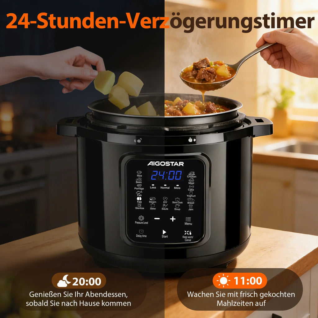 Aigostar 6L Schnellkochtopf 18-in-1 – 1000W Multikocher mit 3 Druckstufen, 24h Timer & Farbrezeptbuch