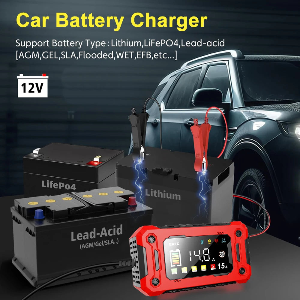 Batterieladegerät 12V – 15A, LCD & Puls
