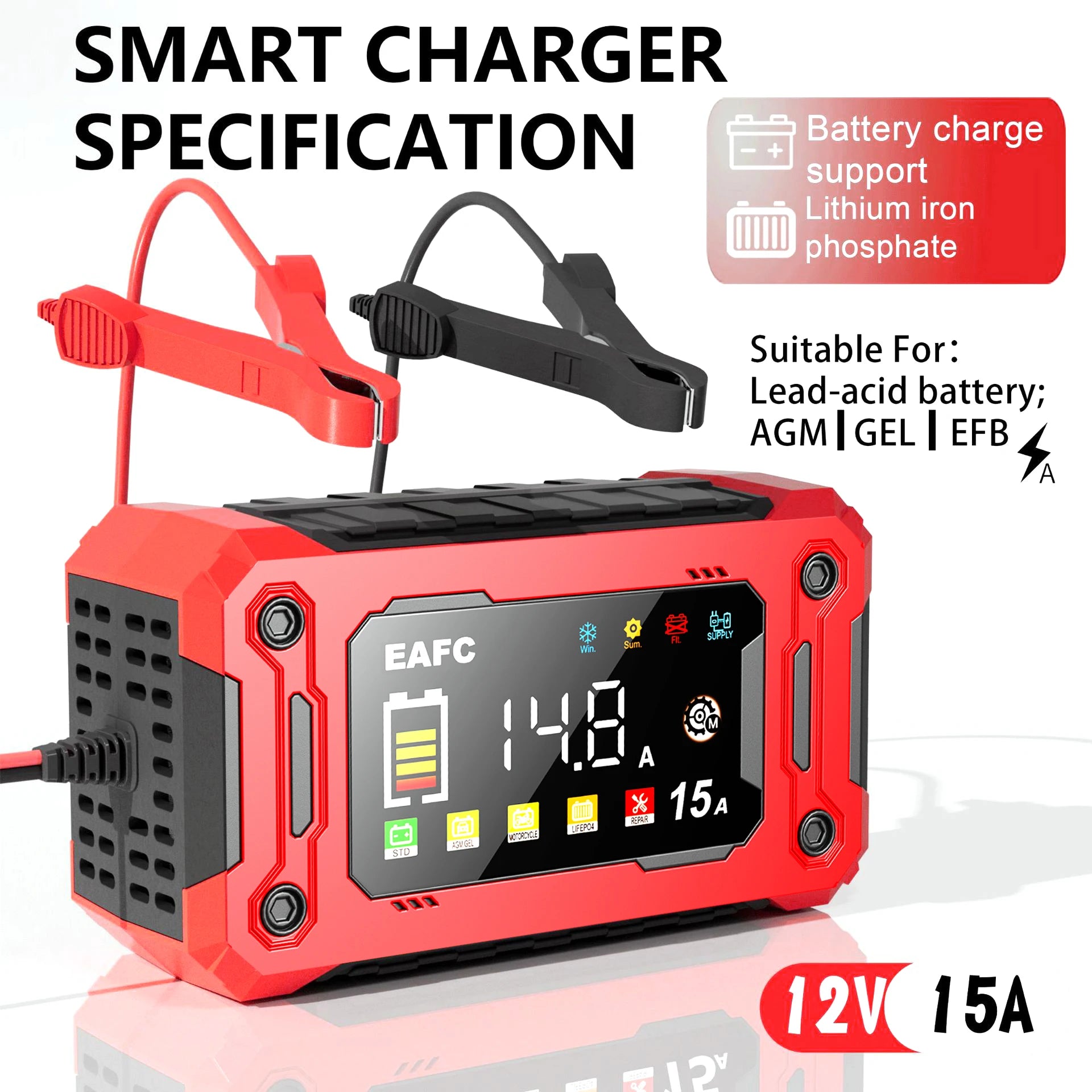 Batterieladegerät 12V – 15A, LCD & Puls