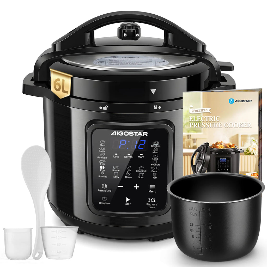 Aigostar 6L Schnellkochtopf 18-in-1 – 1000W Multikocher mit 3 Druckstufen, 24h Timer & Farbrezeptbuch