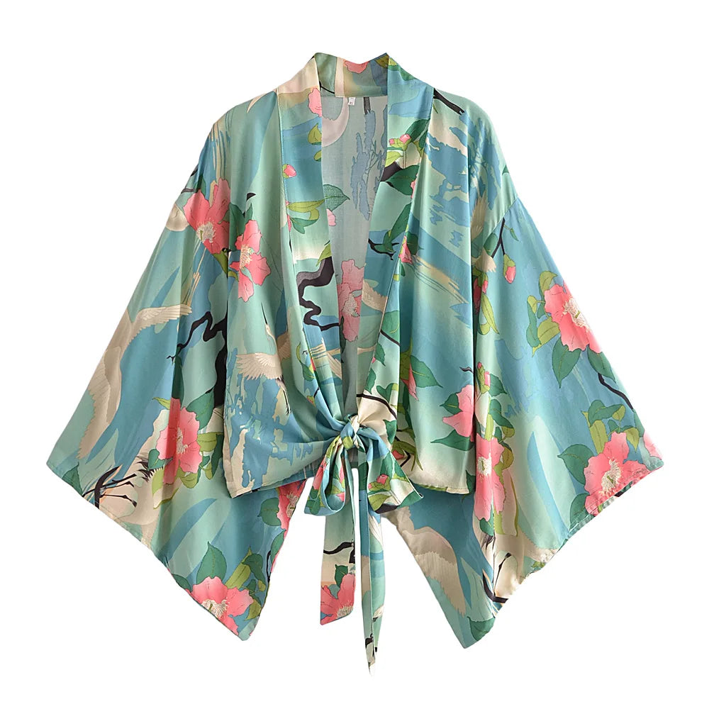 Boho Kimono Strandkleid – Blumendruck, leicht & feminin