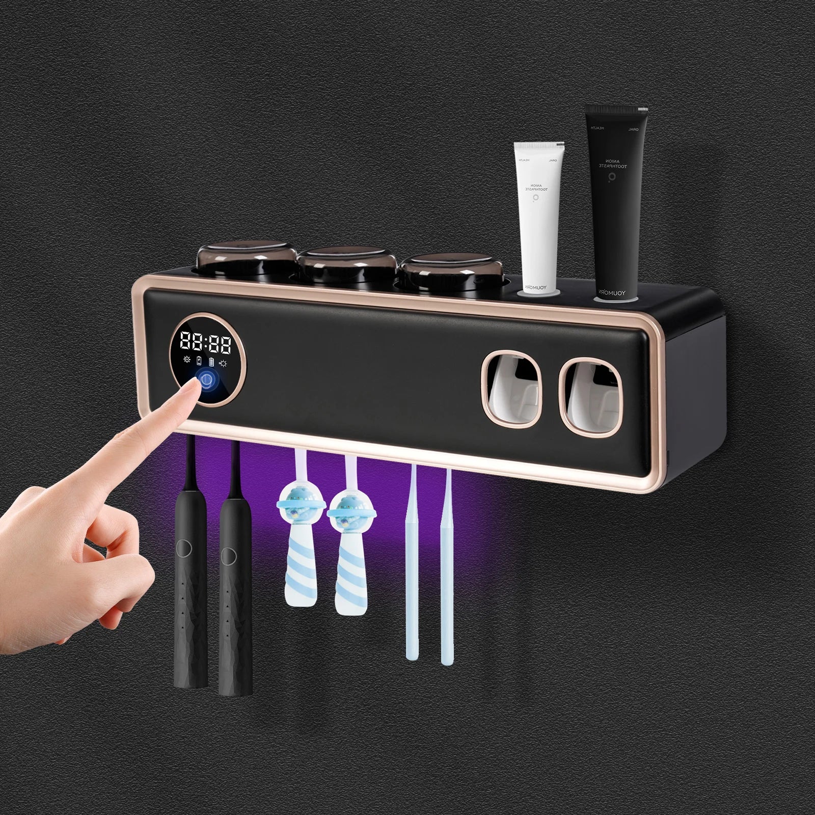 UV Zahnbürsten-Halter mit Zahnpasta-Spender – 6 Fächer, Schwarz