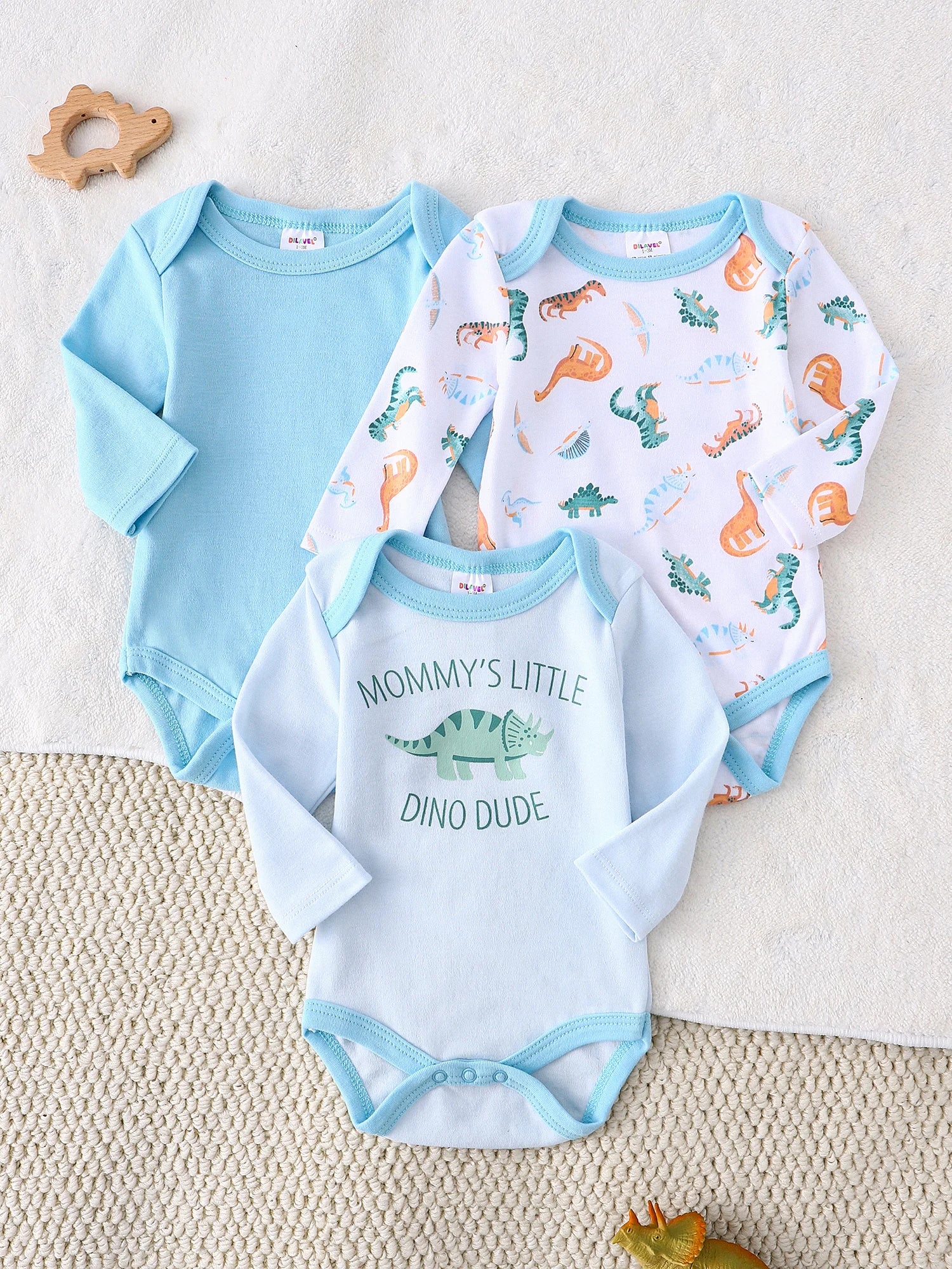 Baby-Strampler 3er-Set – Langarm, Baumwolle, 0–9 Monate
