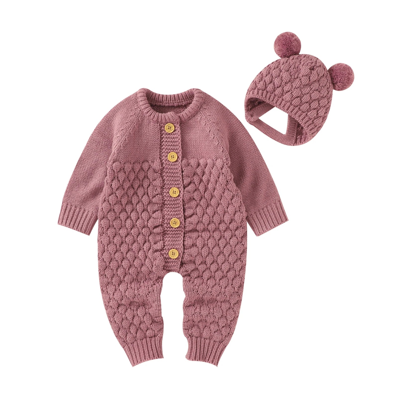 Baby-Winterjumpsuit 2er-Set – Strick, Langarm & Bärchen-Mütze