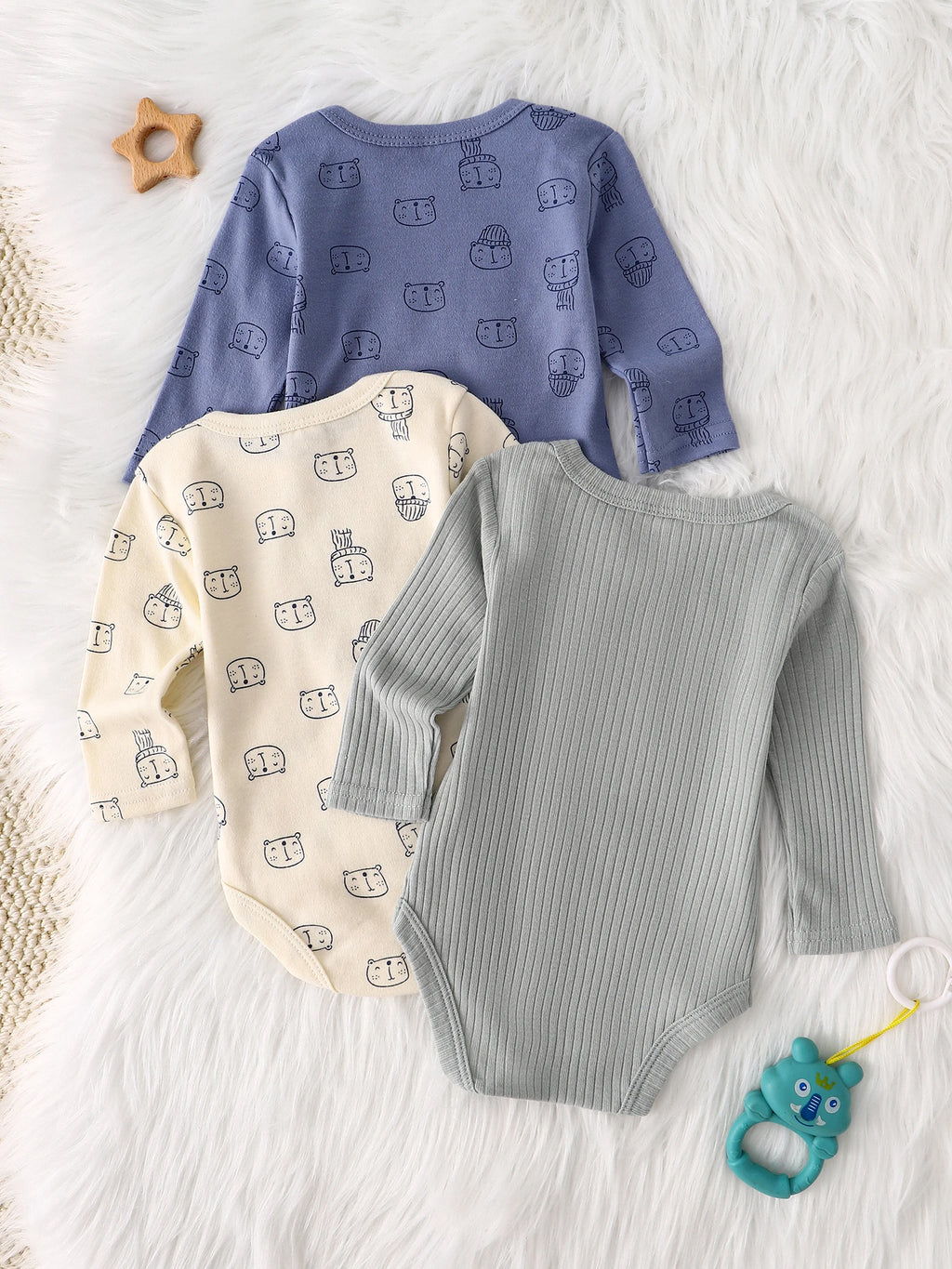 Baby-Strampler 3er-Set – Langarm, Baumwolle, 0–9 Monate