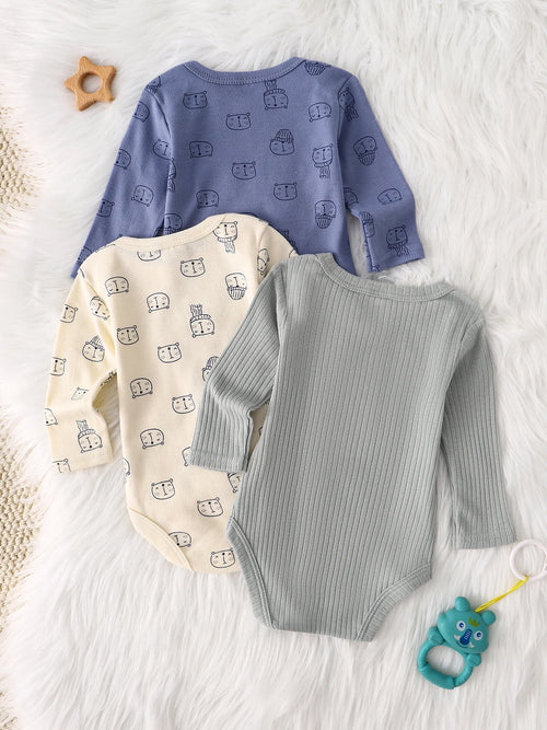 Baby-Strampler 3er-Set – Langarm, Baumwolle, 0–9 Monate