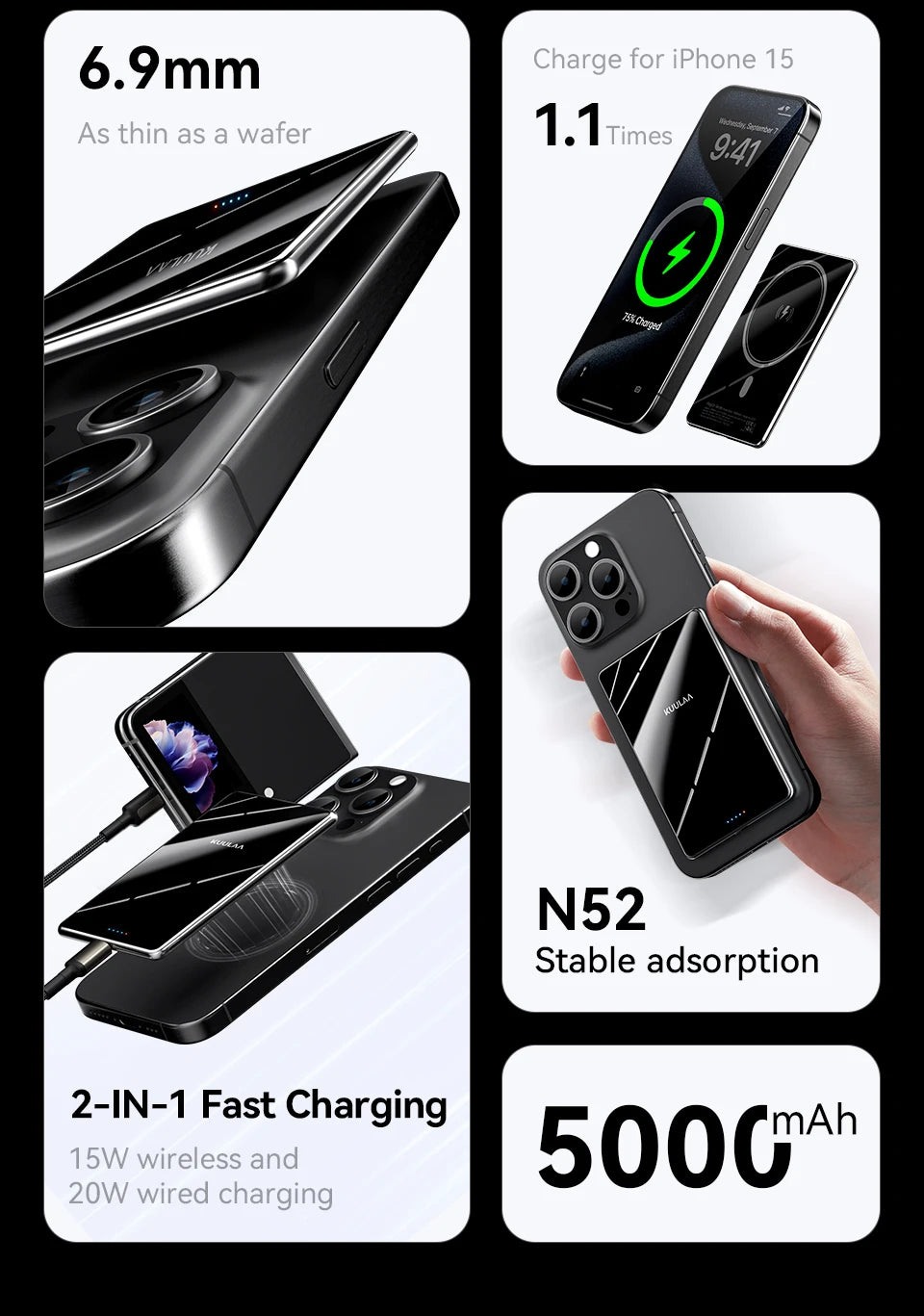 KUULAA Power Bank 5000mAh – 20W, Wireless & MagSafe für iPhone