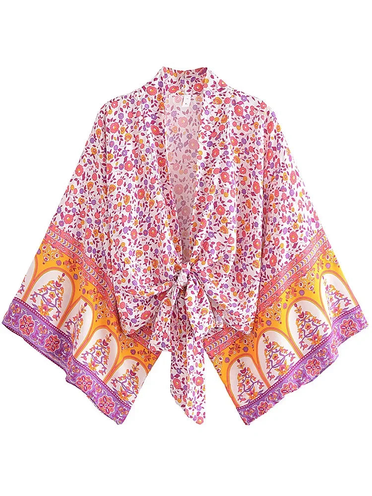 Boho Kimono Strandkleid – Blumendruck, leicht & feminin