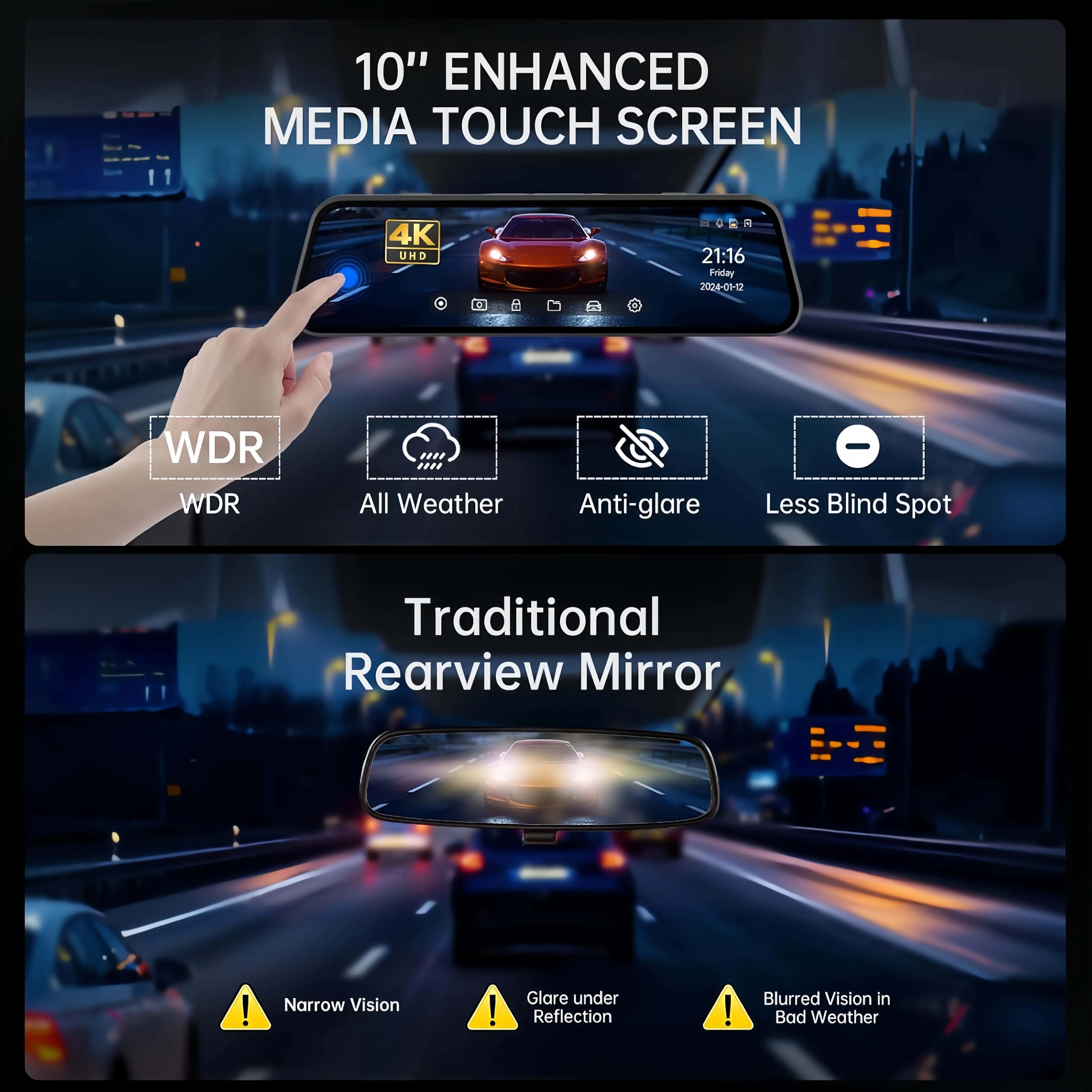 Dashcam 4K Rückspiegel – Dual-Kamera & 9,66" IPS Display