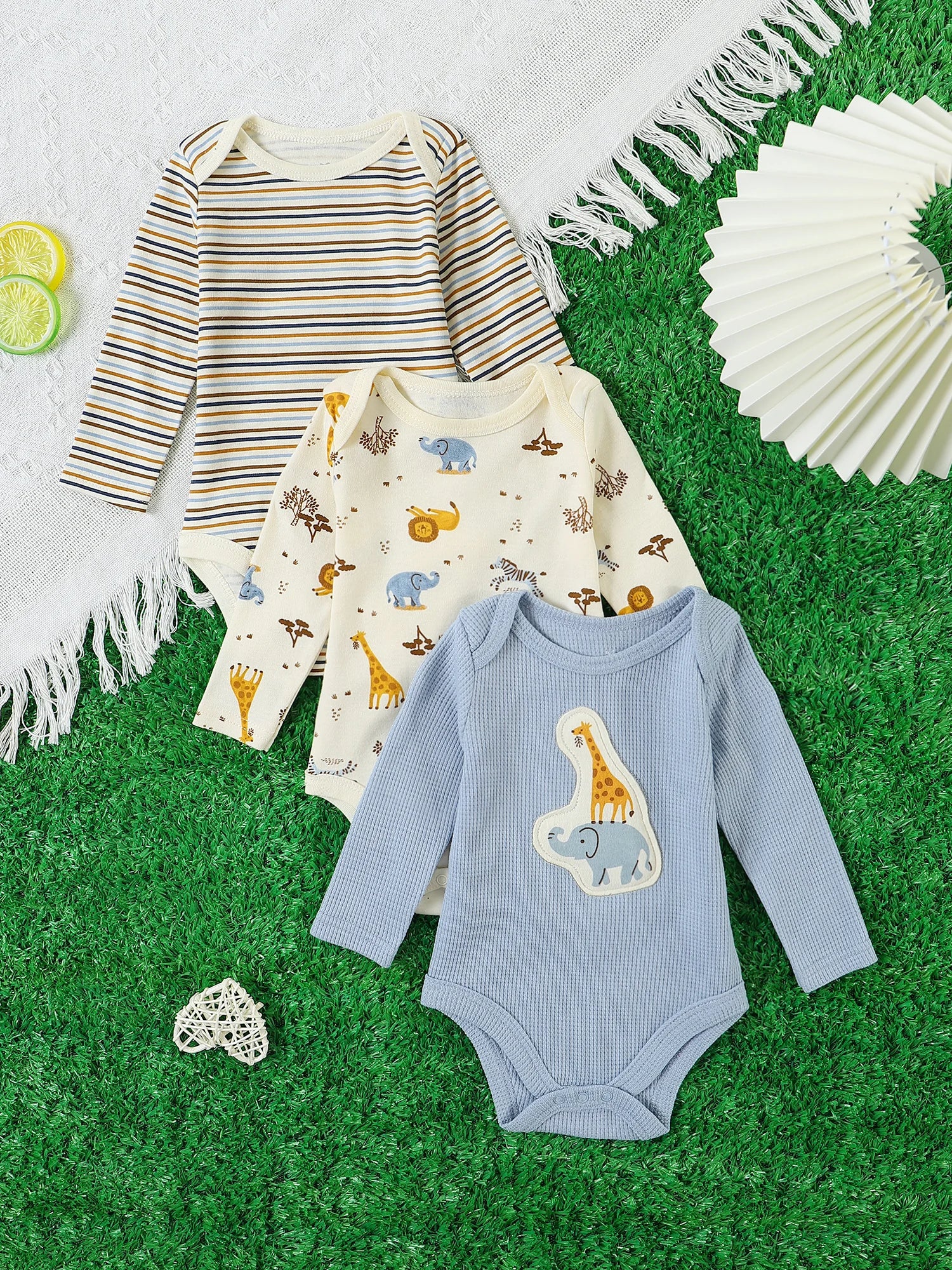 Baby-Strampler 3er-Set – Langarm, Baumwolle, 0–9 Monate