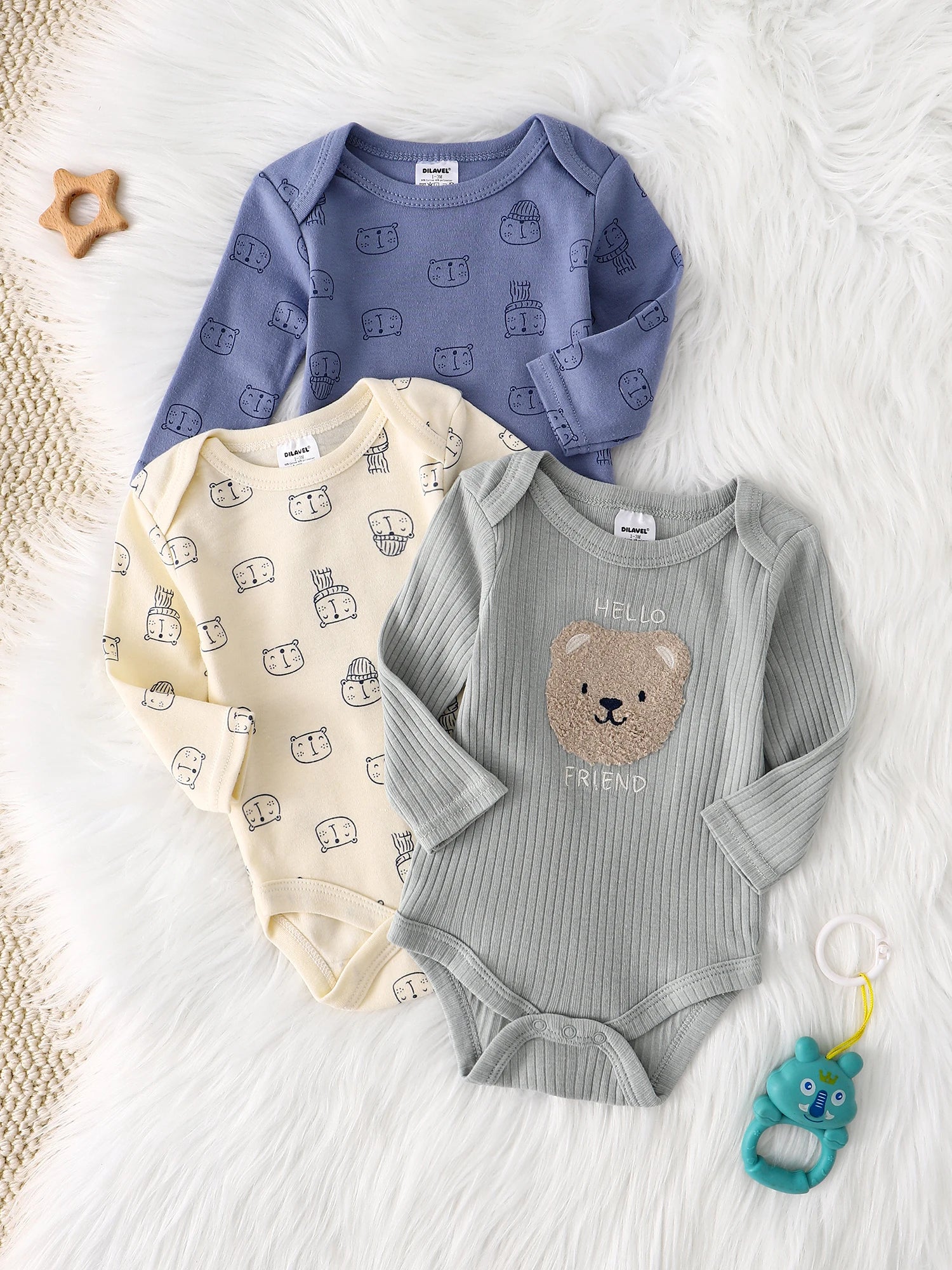 Baby-Strampler 3er-Set – Langarm, Baumwolle, 0–9 Monate