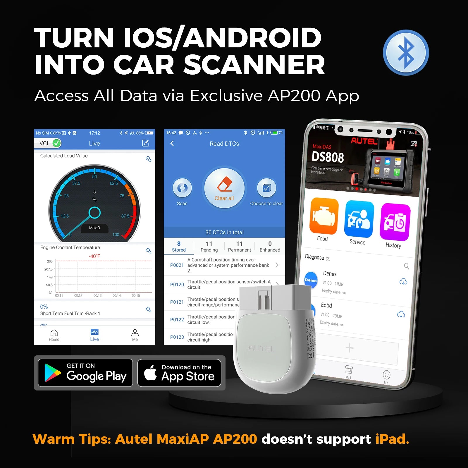 Autel AP200 Bluetooth OBD2 Scanner – Alle Systeme, 19 Servicefunktionen, iOS & Android