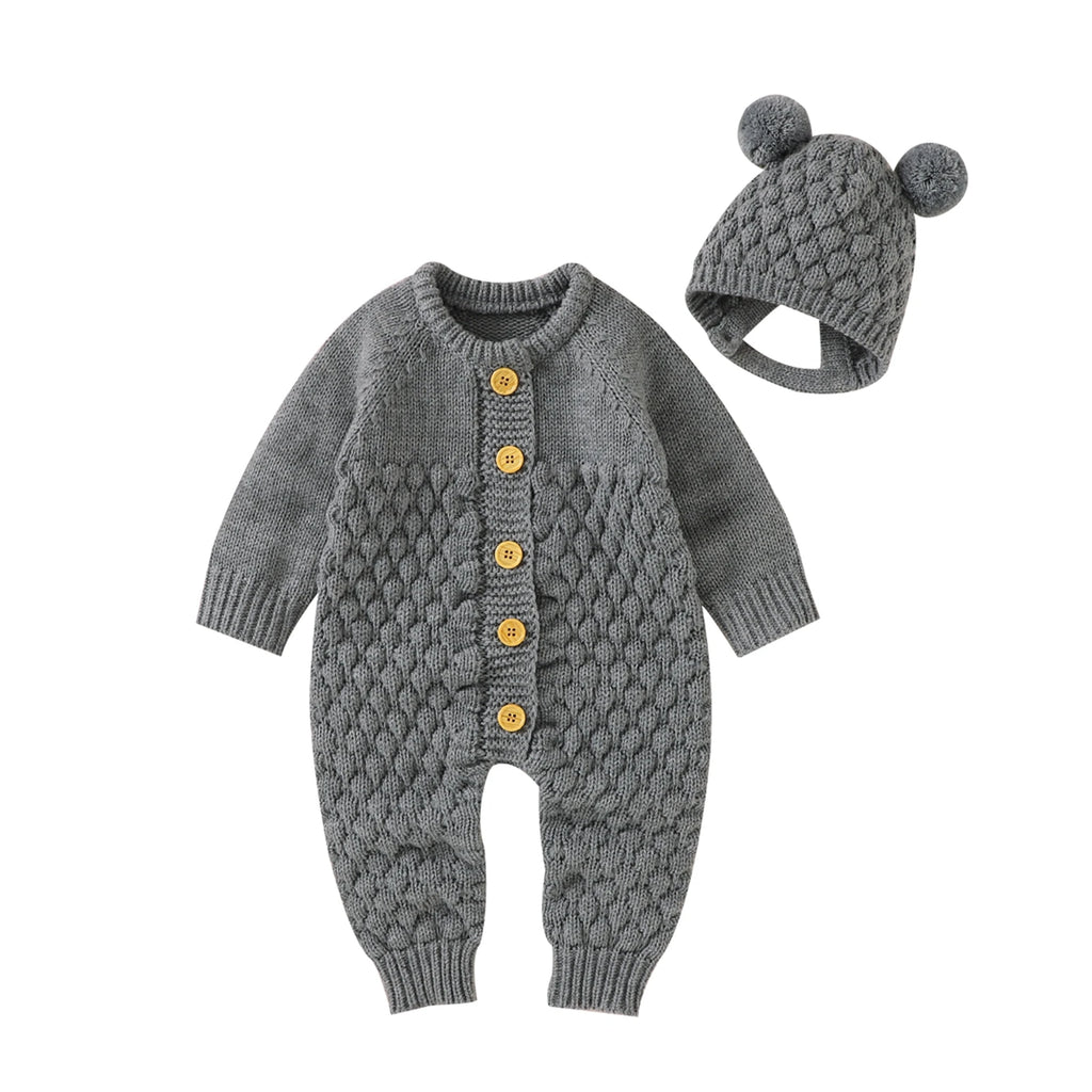 Baby-Winterjumpsuit 2er-Set – Strick, Langarm & Bärchen-Mütze