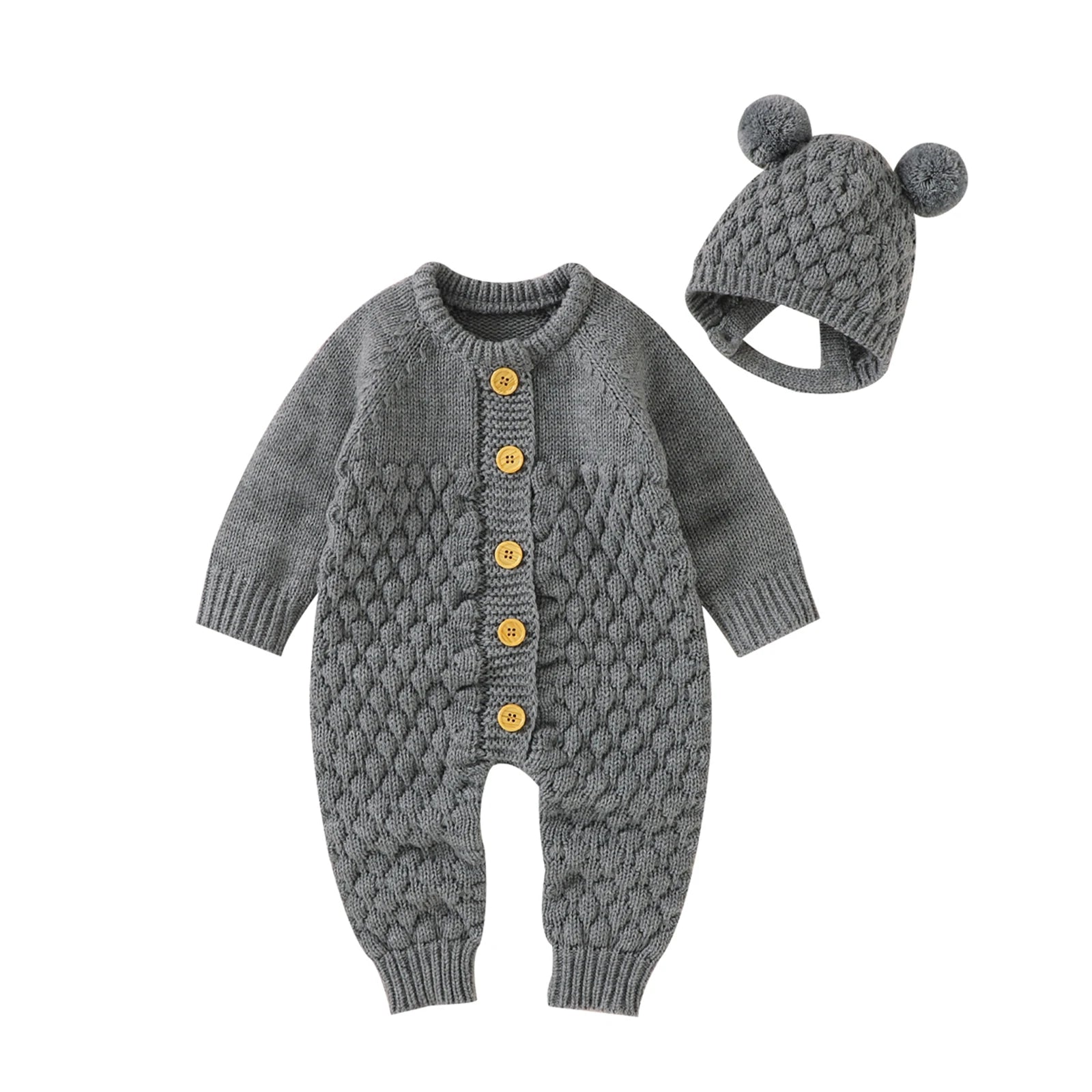 Baby-Winterjumpsuit 2er-Set – Strick, Langarm & Bärchen-Mütze