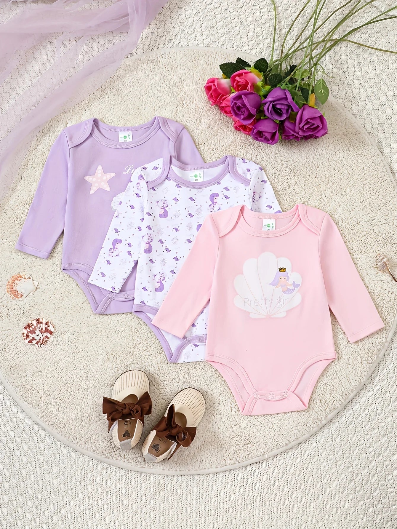Baby-Strampler Mädchen 3er-Set – Langarm, Baumwolle, 0–12 Monate