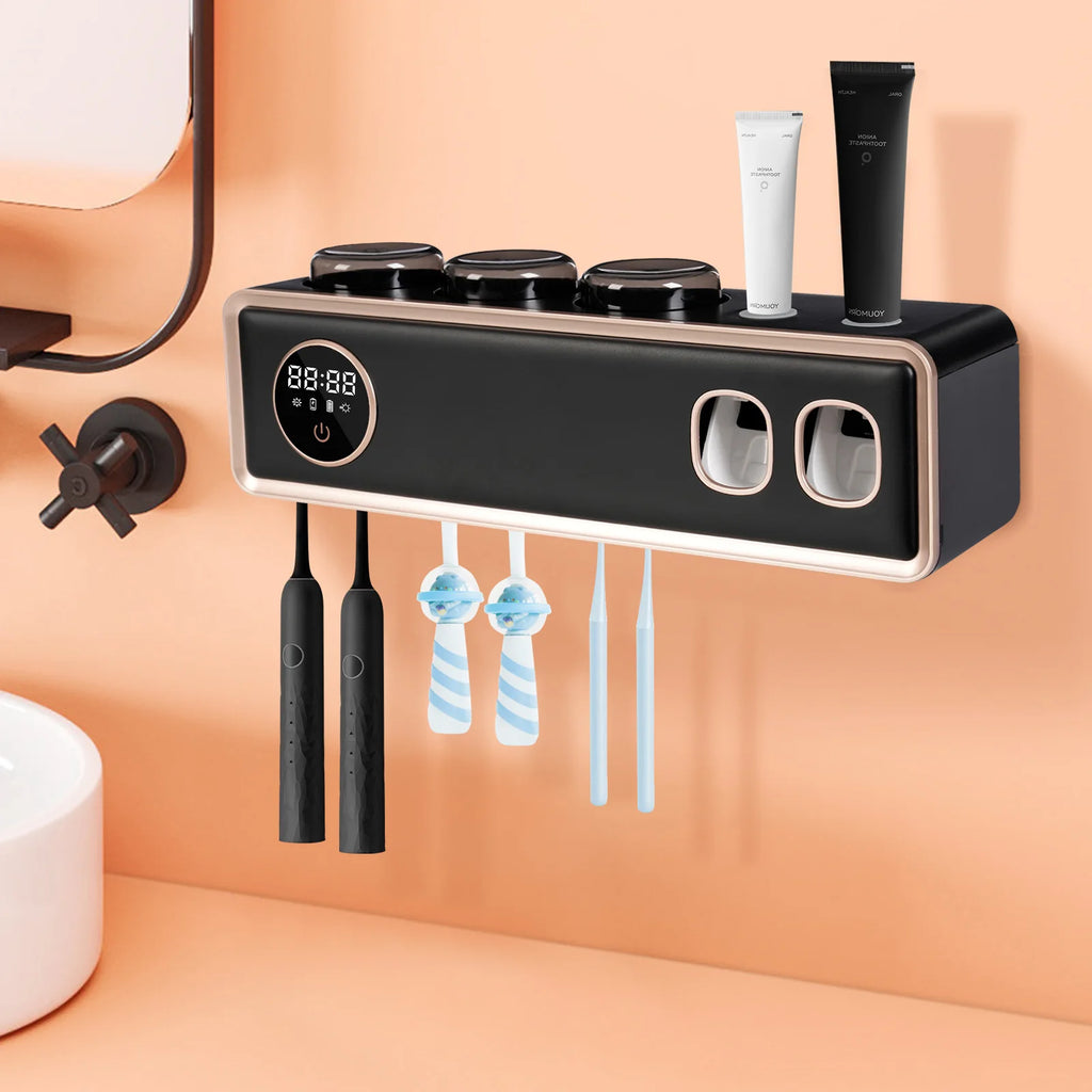 Porta Disinfettante UV per spazzolini con asciugatura, 2 Pareti Bagno, dispenser automatico di dentifricio, 6 vani per spazzolini, Nero