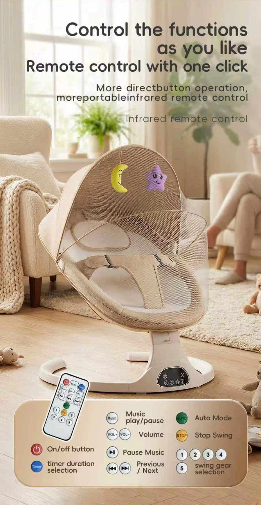 Elektrische Baby-Wiege – Bluetooth, Musik & Moskitonetz