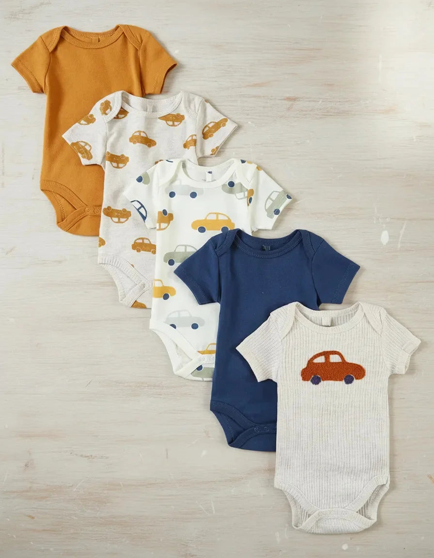 Baby-Strampler 5er-Set – Kurzarm, Sommer, 0–9 Monate
