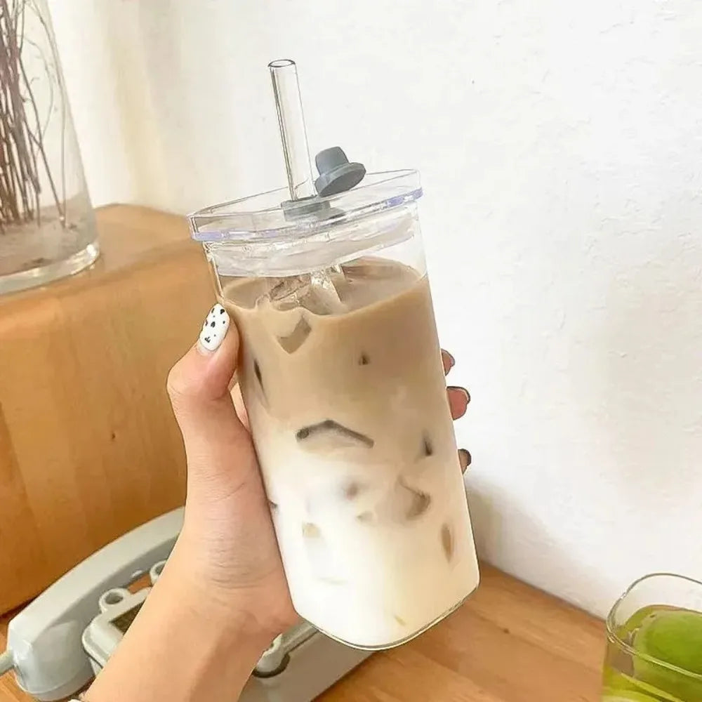 Eckiges Kaffeeglas 400ml – Deckel & Strohhalm, hitzebeständig