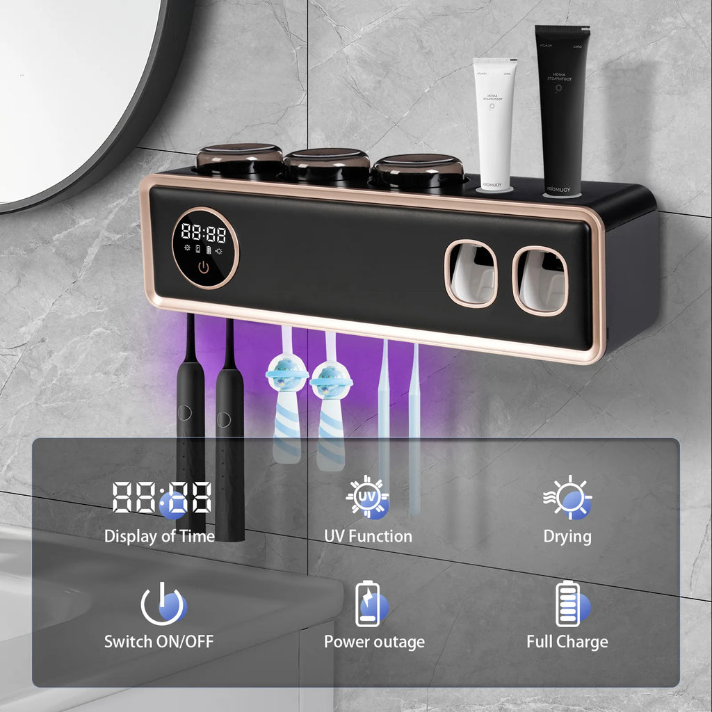 Porta Disinfettante UV per spazzolini con asciugatura, 2 Pareti Bagno, dispenser automatico di dentifricio, 6 vani per spazzolini, Nero