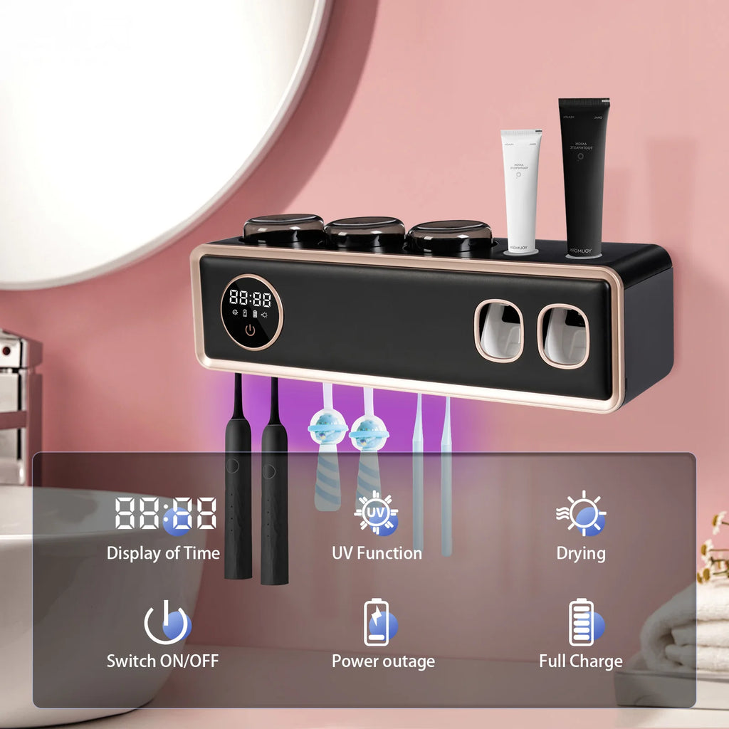 Porta Disinfettante UV per spazzolini con asciugatura, 2 Pareti Bagno, dispenser automatico di dentifricio, 6 vani per spazzolini, Nero