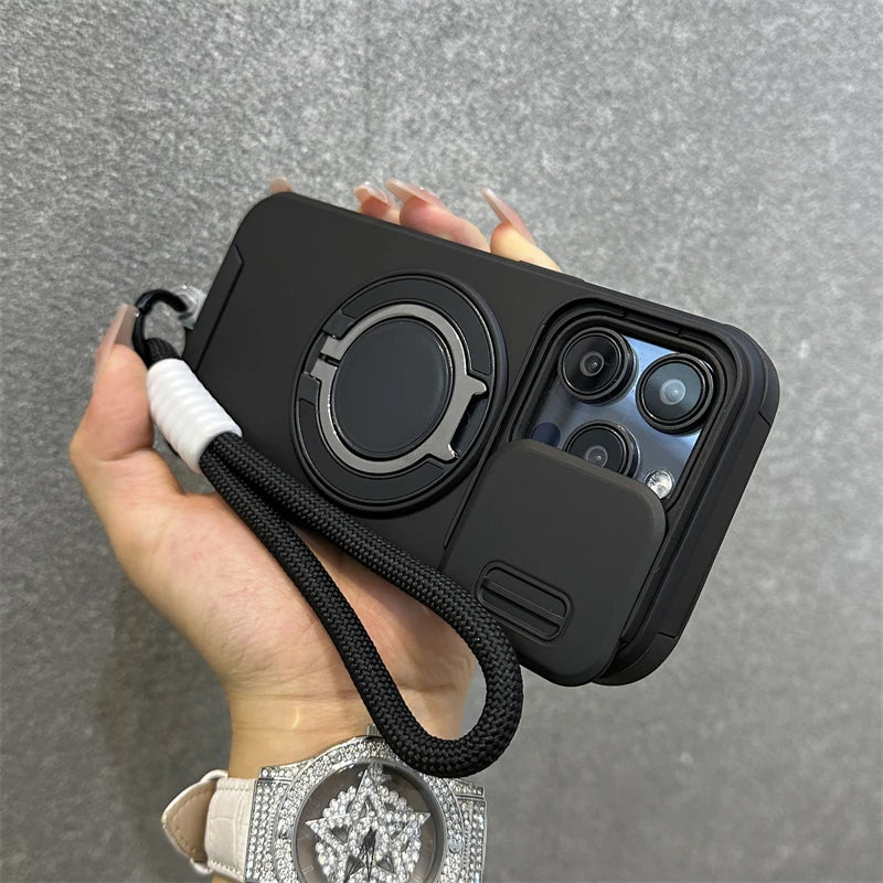 Magnetische Hülle mit Kamera-Schutz & Ring-Ständer für iPhone – MagSafe, Stoßfest, Handgelenkschlaufe