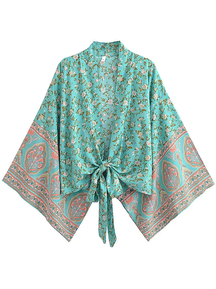 Boho Kimono Strandkleid – Blumendruck, leicht & feminin