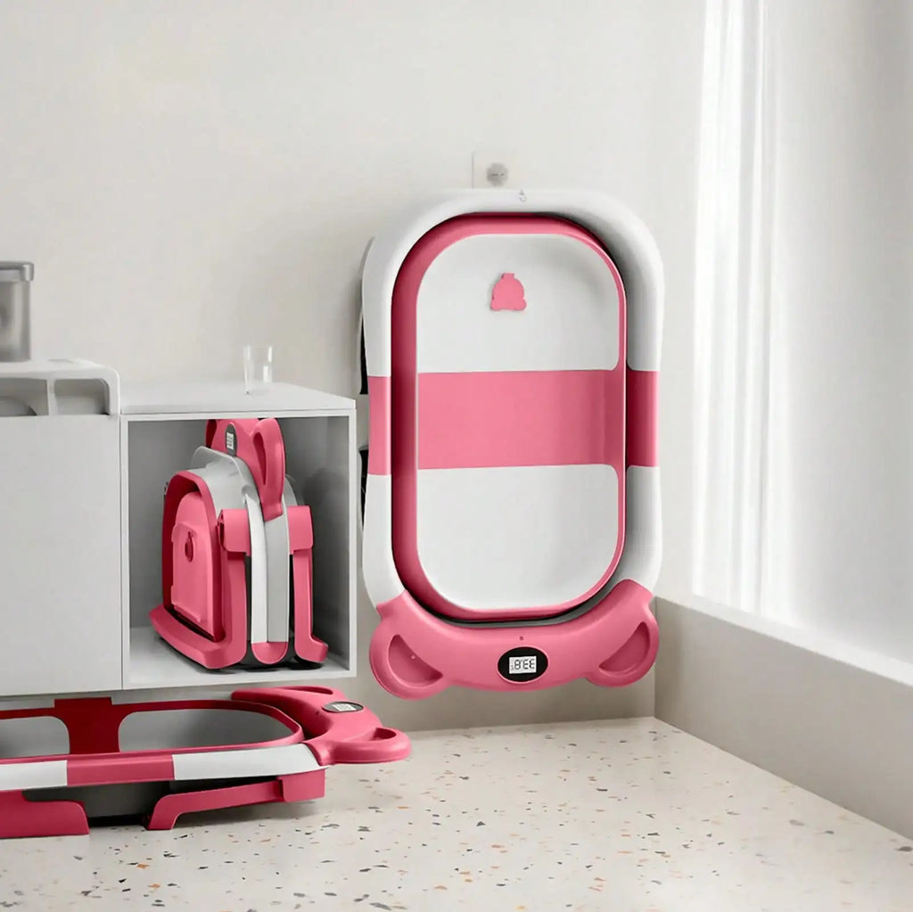 Baby-Badewanne faltbar – Thermometer, Schwimmkissen & Ablauf