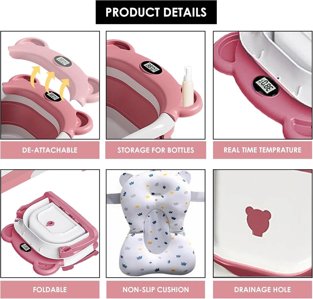 Baby-Badewanne faltbar – Thermometer, Schwimmkissen & Ablauf