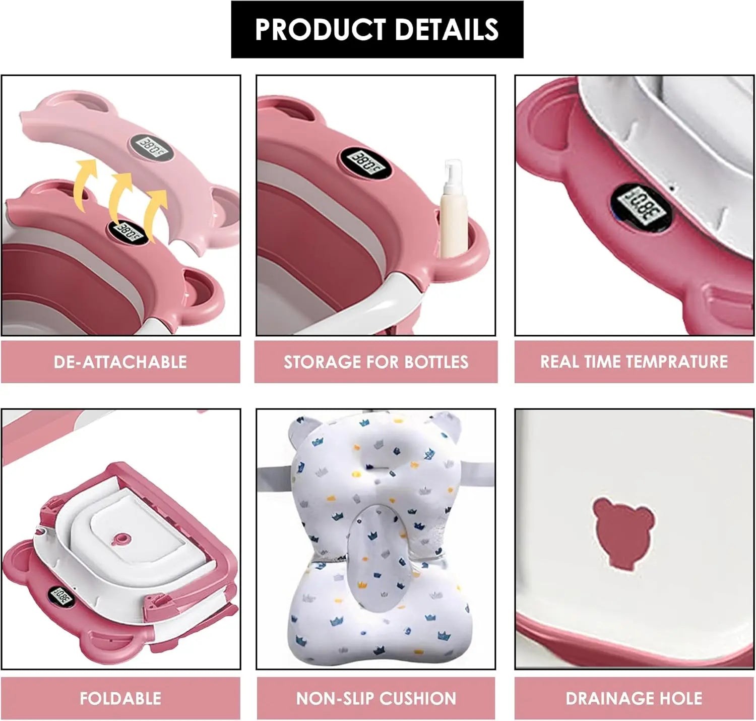 Baby-Badewanne faltbar – Thermometer, Schwimmkissen & Ablauf