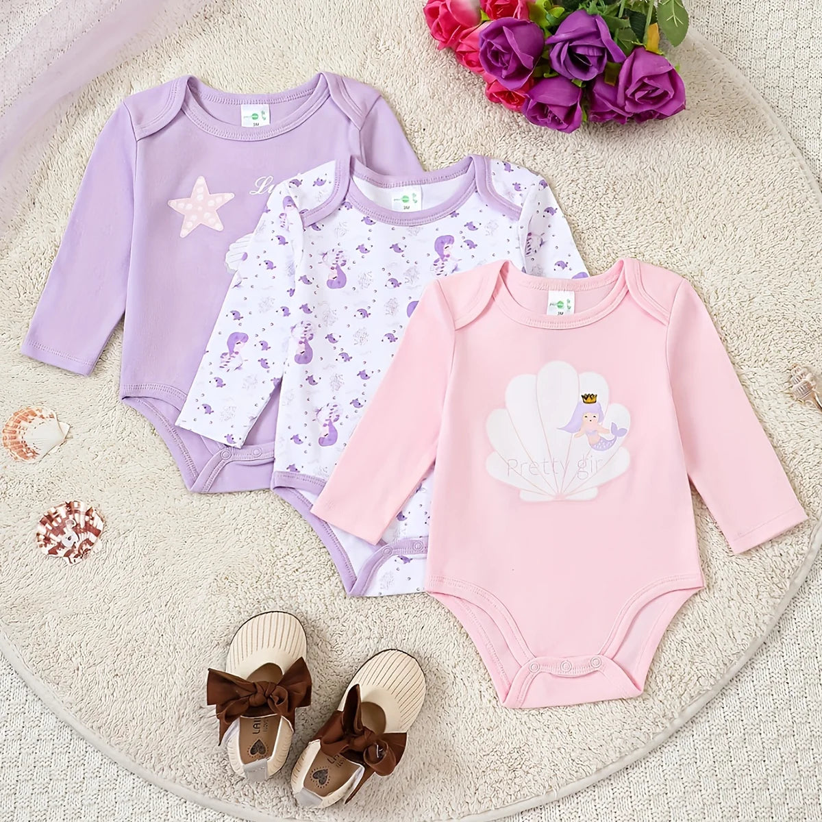Baby-Strampler Mädchen 3er-Set – Langarm, Baumwolle, 0–12 Monate