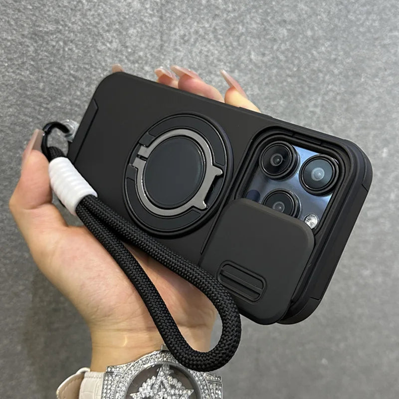 Magnetische Hülle mit Kamera-Schutz & Ring-Ständer für iPhone – MagSafe, Stoßfest, Handgelenkschlaufe