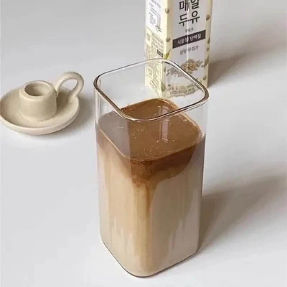 Eckiges Kaffeeglas 400ml – Deckel & Strohhalm, hitzebeständig