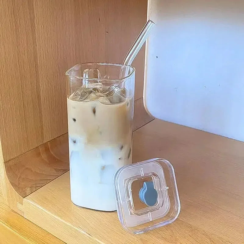 Eckiges Kaffeeglas 400ml – Deckel & Strohhalm, hitzebeständig