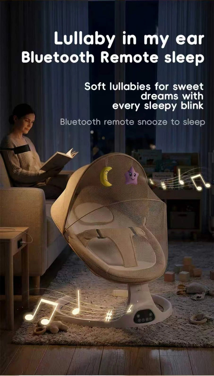 Elektrische Baby-Wiege – Bluetooth, Musik & Moskitonetz