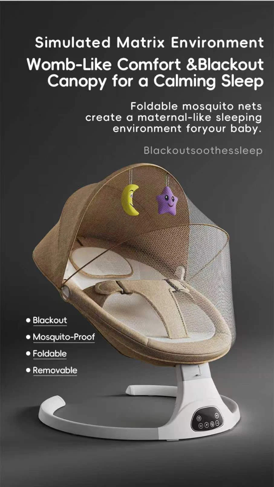 Elektrische Baby-Wiege – Bluetooth, Musik & Moskitonetz