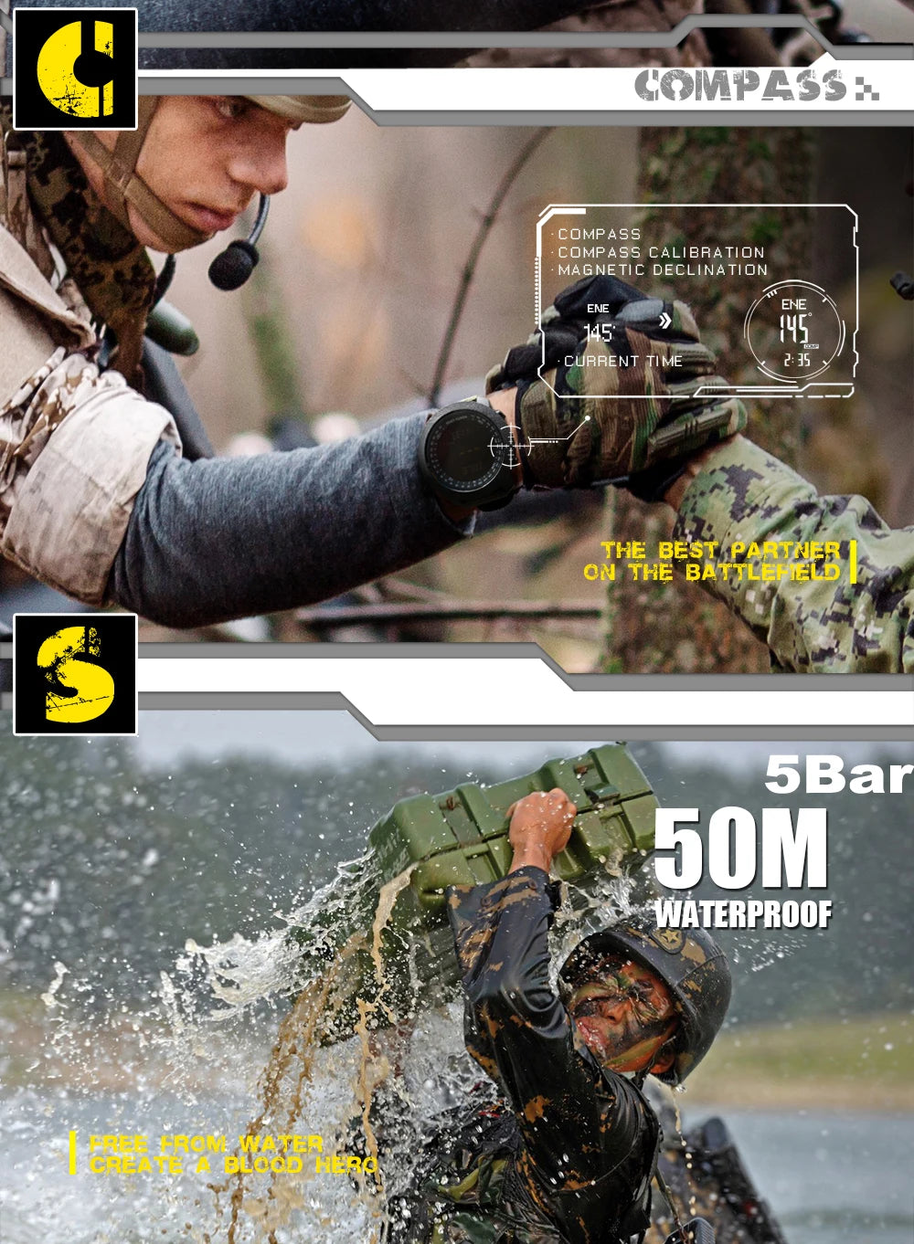 Outdoor-Digitaluhr Herren – Militär, Kompass & 50m wasserdicht