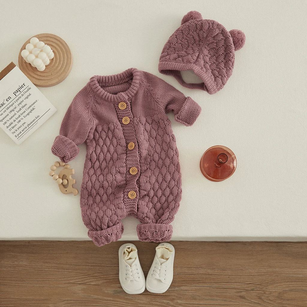 Baby-Winterjumpsuit 2er-Set – Strick, Langarm & Bärchen-Mütze