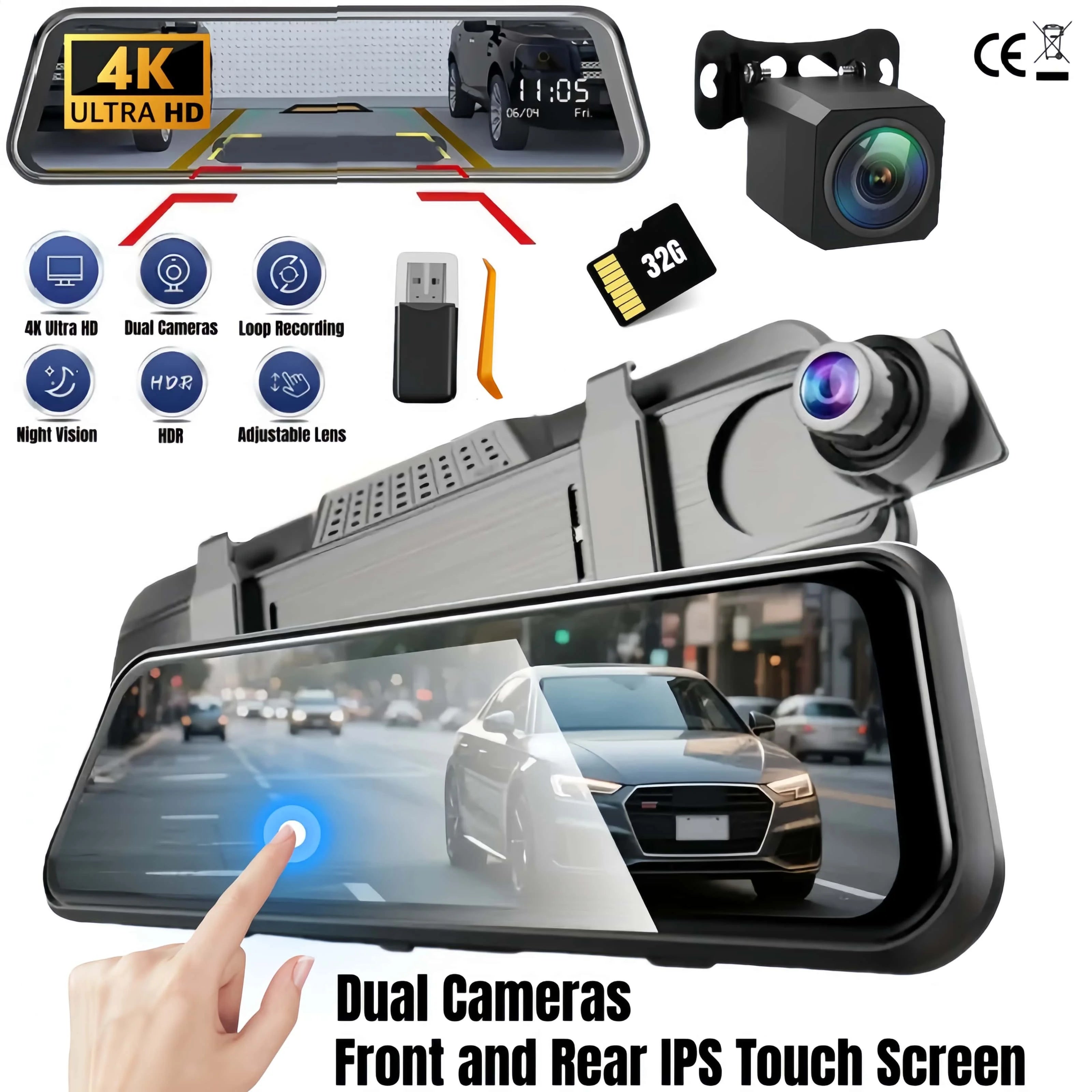 Dashcam 4K Rückspiegel – Dual-Kamera & 9,66" IPS Display