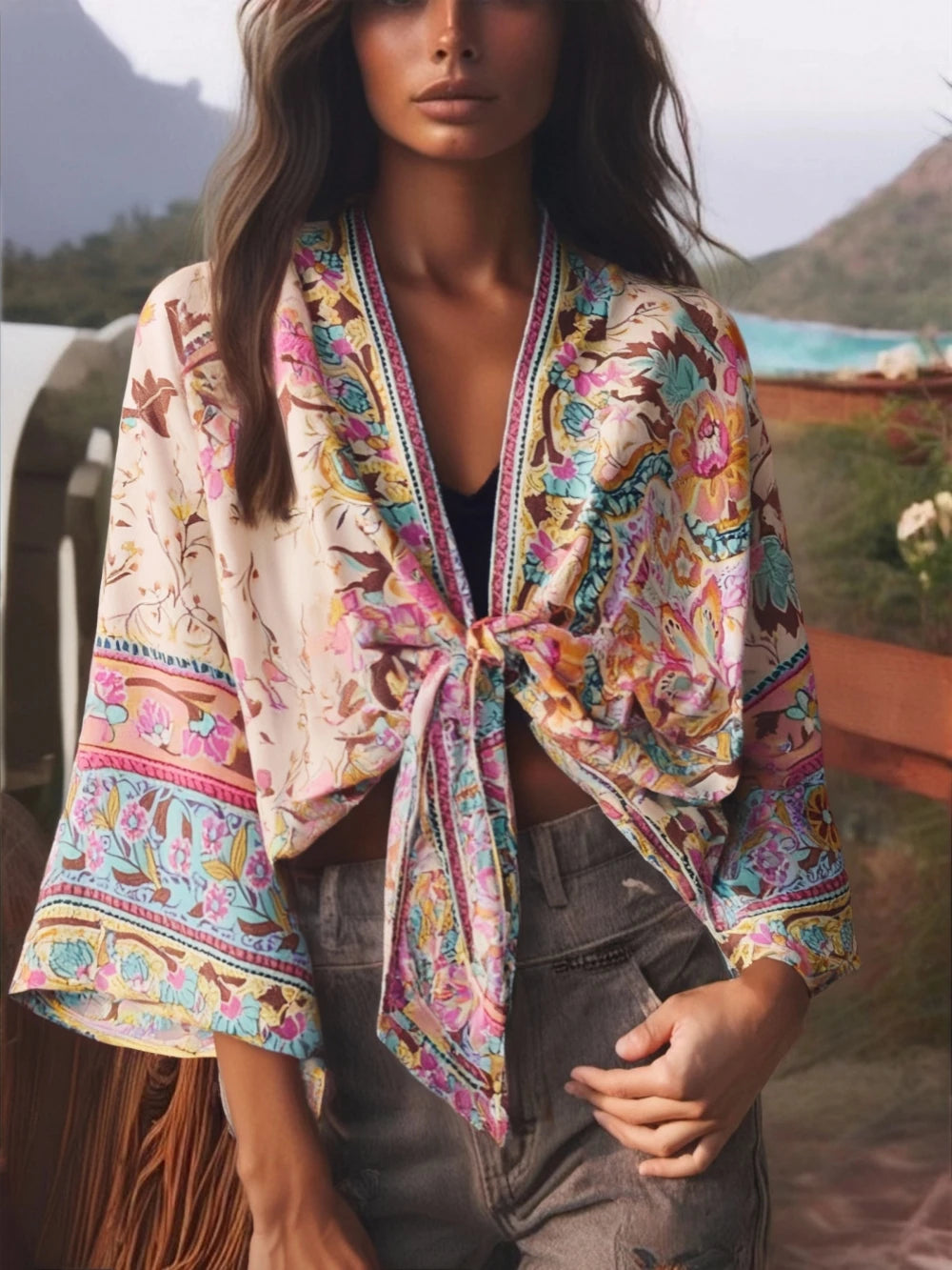 Boho Kimono Strandkleid – Blumendruck, leicht & feminin