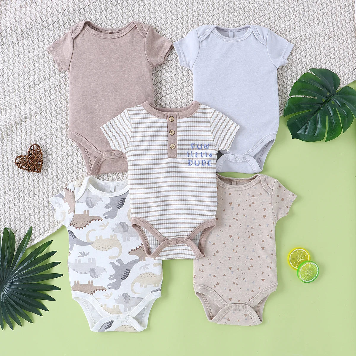 Baby-Strampler 5er-Set – Kurzarm, Sommer, 0–9 Monate