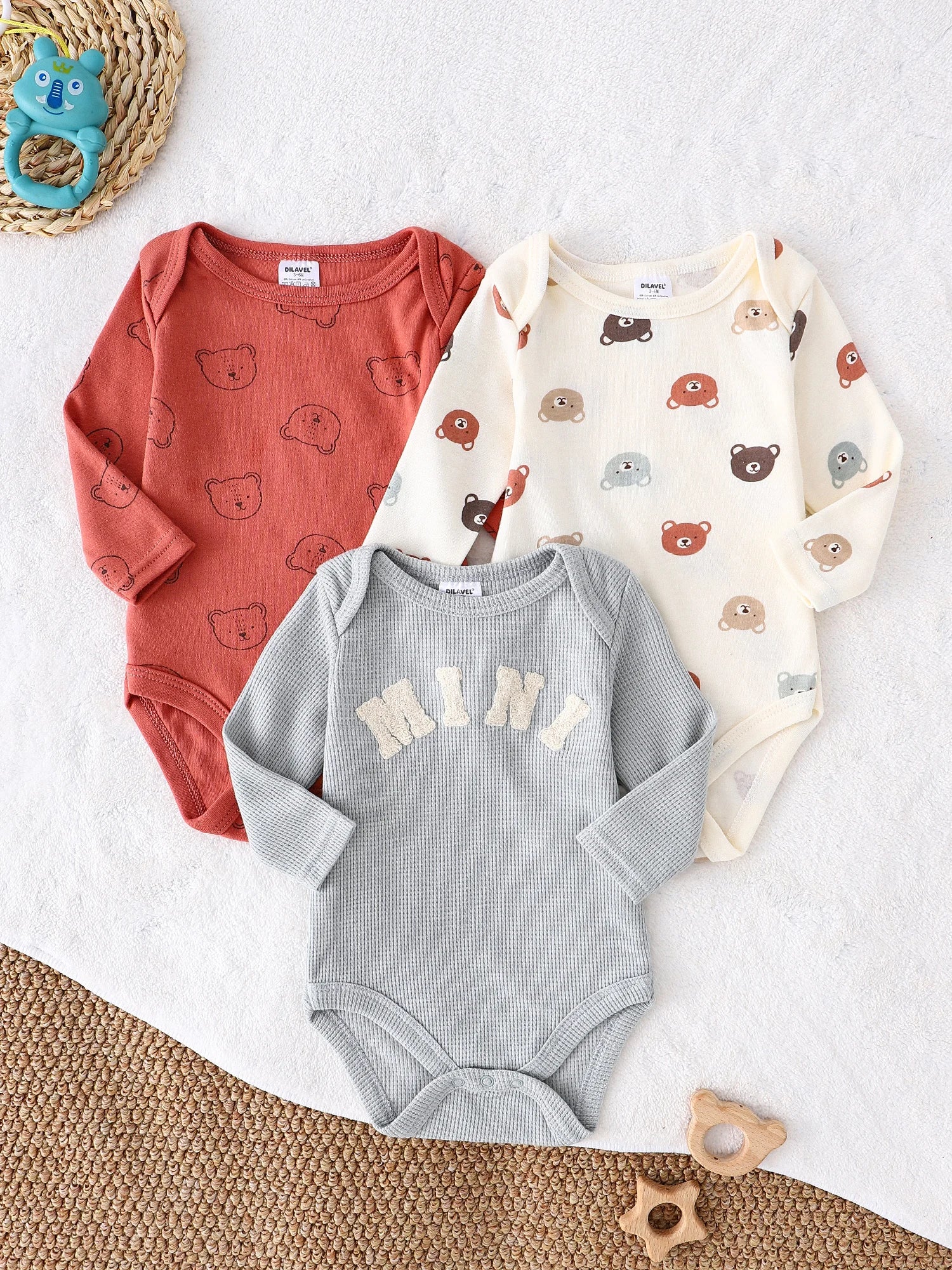 Baby-Strampler 3er-Set – Langarm, Baumwolle, 0–9 Monate