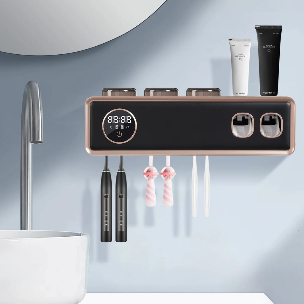 Porta Disinfettante UV per spazzolini con asciugatura, 2 Pareti Bagno, dispenser automatico di dentifricio, 6 vani per spazzolini, Nero